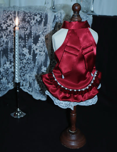 Crimson Pearl dog dress – front view, kawaii pet apparel by kuwoof