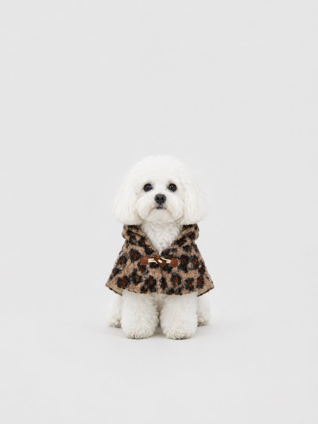 Mocha Leopard dog bandana – front view, kawaii pet apparel by kuwoof