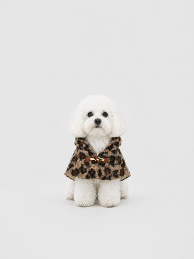 Mocha Leopard dog bandana – front view, kawaii pet apparel by kuwoof